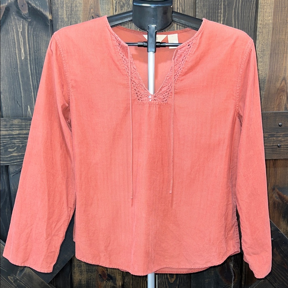 J. Jill Coral Textured Boho Top M Split Neck Crochet 100% Cotton Casual Blouse